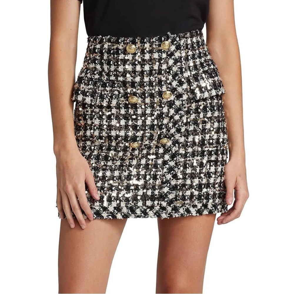 DEREK LAM NWT Black Gold Silver Metallic Sequin Classic Boucle Tweed Mini Skirt